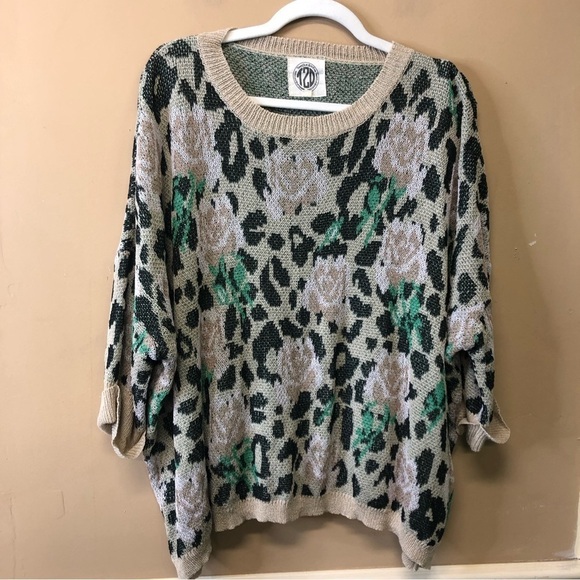 Tees2urdoor Oversized Floral Print Sweater Beige Black Green Size S/M - Picture 1 of 5
